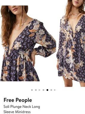 Free People Floral Plunge Neck Long Sleeve Mini Dress - Navy & Orange